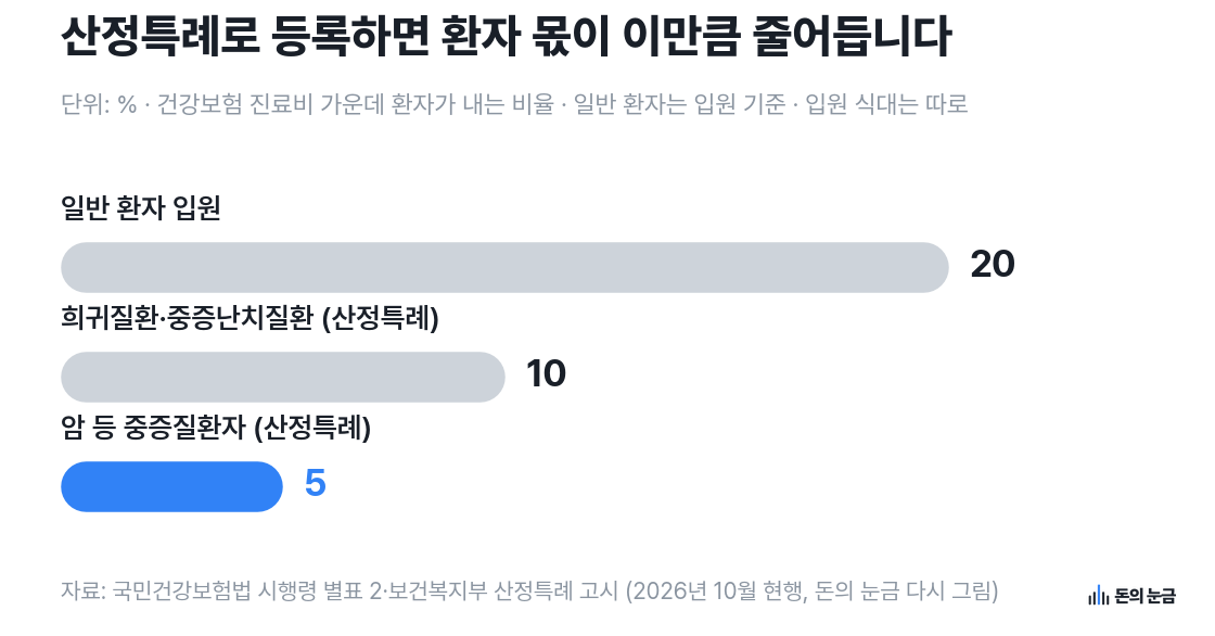 건강보험 진료비 가운데 환자가 내는 비율 가로 막대그래프 — 일반 환자 입원 20%, 희귀질환·중증난치질환 10%, 암 등 중증질환자 5%